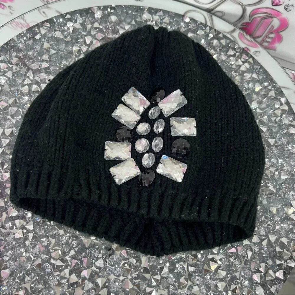 Betsey Johnson hat toque jewels rhinestone Black Beanie with Crystal Accents